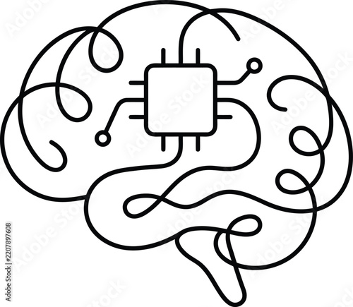 Human brain outline with digital microchip computer icon