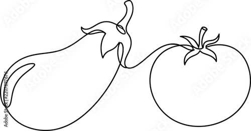 Continuous line drawing of eggplant and tomato vegetable