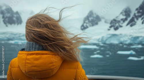 A person with windblown hair wearing a yellow jacket looks out at a snowy mountain landscape and icy water.