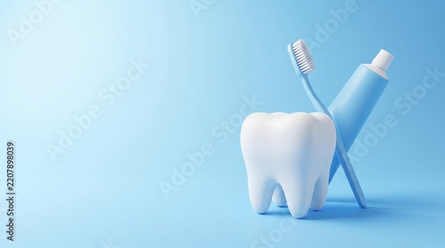 Dental health care concept with white tooth model, toothbrush and toothpaste tube on blue background