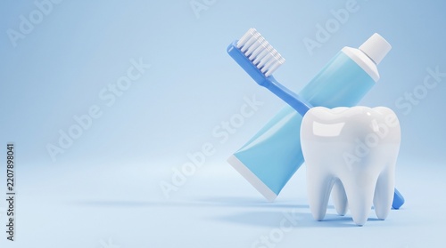 Dental health care concept with toothbrush toothpaste and tooth model on blue background