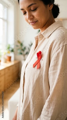 Woman wearing red awareness ribbon for health support campaign