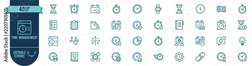 Time management icon set. Clock, hourglass, calendar and deadline line symbols. Stopwatch, alarm, timer, schedule, planner and to-do list outline pictograms with editable stroke for productivity. Vect