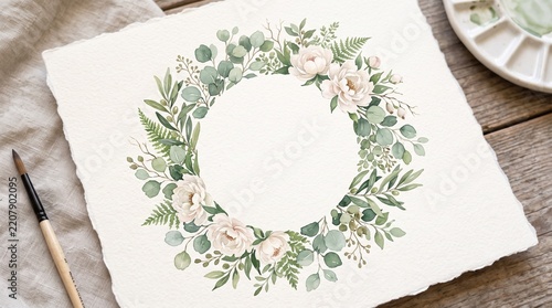 Watercolor floral wreath frame with eucalyptus leaves and delicate white roses isolated on white background