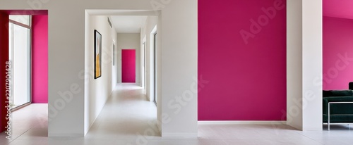Minimal hallway interior with fuchsia accent panels and long corridor for architecture design real estate and background presentation