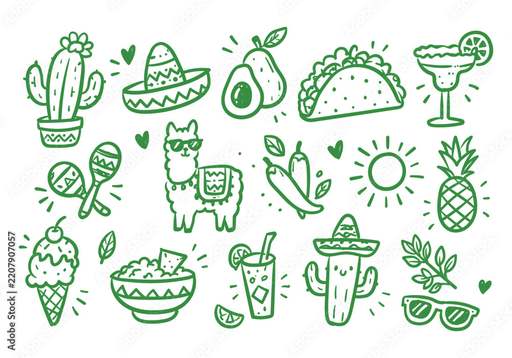 Fototapeta premium Set of handdrawn mexican themed doodles including a llama, taco, cactus, and margarita