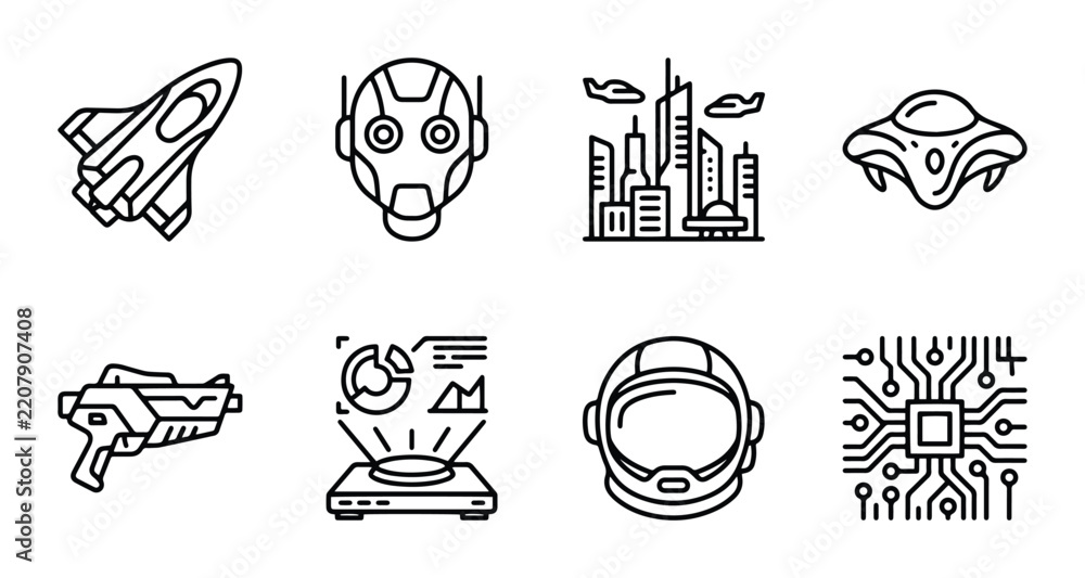 Fototapeta premium Futuristic Technology Icons: Spacecraft, Robot, Cityscape, UFO, Laser Gun, Hologram, Astronaut Helmet, Circuit Board
