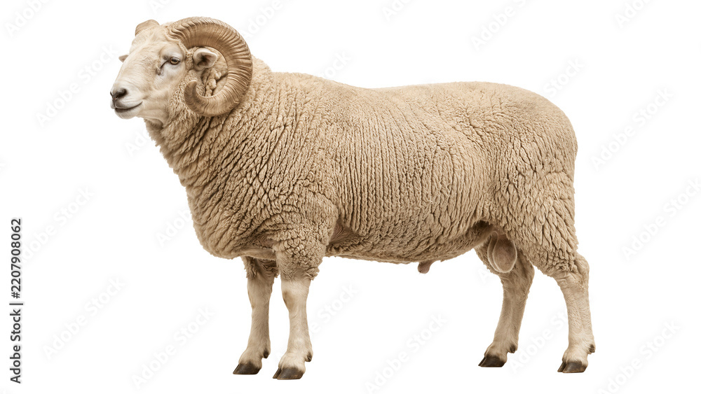 Fototapeta premium Large male ram with prominent curved horns stands in profile against a plain white background.