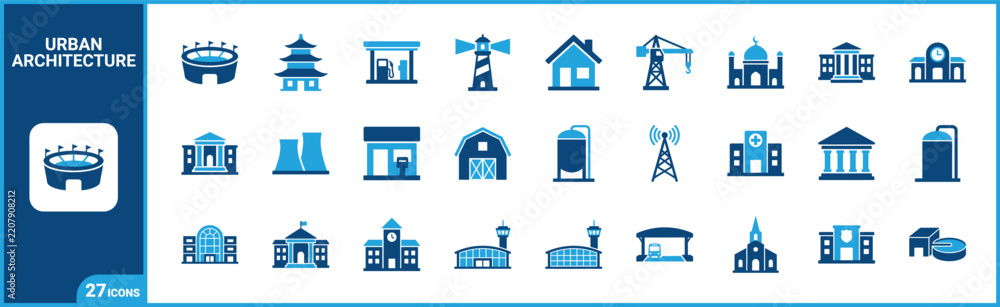 Obraz premium Real Estate And Urban Buildings two-tone icon set. Filled glyph pictograms of residential, commercial, civic, and industrial elements, blue duotone illustration.