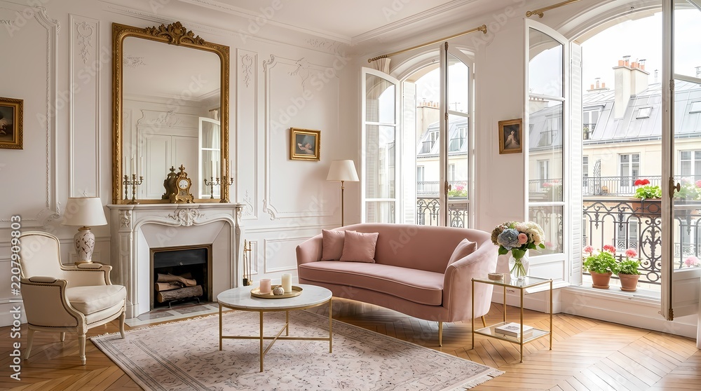 Fototapeta premium Elegant Parisian style living room with pink sofa, fireplace and french windows
