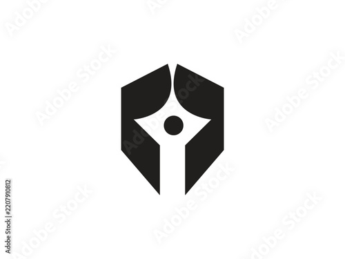 Minimalist black shield modern logo with abstract human for corporate and brand identity