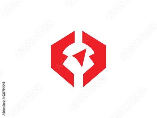 Minimalist red hexagon modern logo with eagle and navigation arrow for premium brand identity