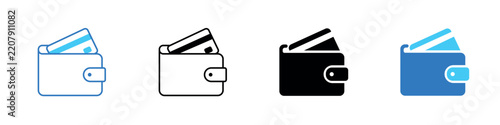 wallet icon set with cards and cash in line, outline, glyph and flat color styles