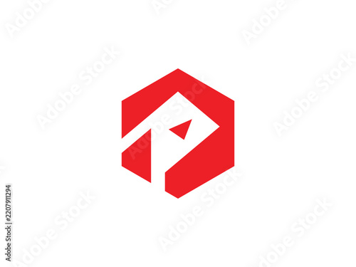 Minimalist red hexagon modern logo with growth arrow for technology and brand identity