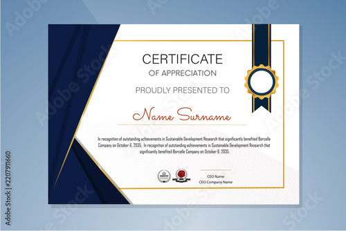 Modern Certificate of Appreciation Template with Navy Blue Diagonal Geometric Border and Gold Ribbon Badge