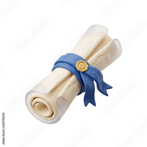 A 3D render of a cream-colored paper scroll tied with a blue ribbon and a gold seal isolated on a transparent background