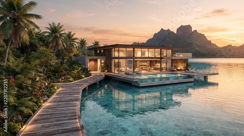 Luxury modern villa resort with infinity swimming pool and ocean view at sunset