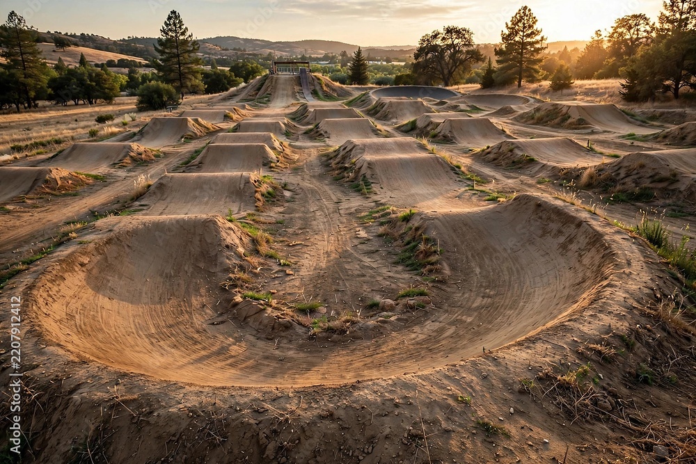 Obraz premium Empty BMX Dirt Jump Track at Sunset — Cycling Sports Background