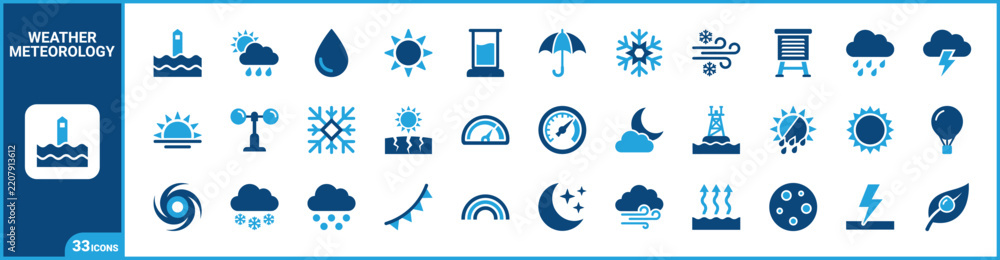 Obraz premium Atmospheric weather two-tone icon set. Filled glyph pictograms of meteorology, climate, temperature, and forecasting elements, blue duotone illustration.