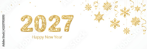 Happy New Year 2027 horizontal banner. Gold numbers, elegant corner decoration with hanging snowflakes and ribbons isolated on a white background. Vector.