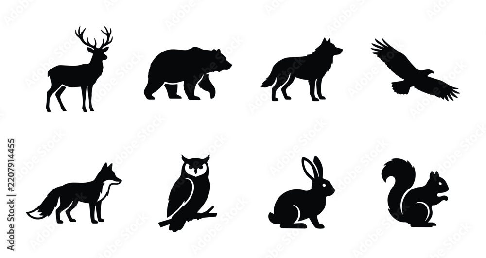 Obraz premium Wild Forest Animals Silhouettes, Woodland Creatures Vector Icons, Nature Wildlife Set