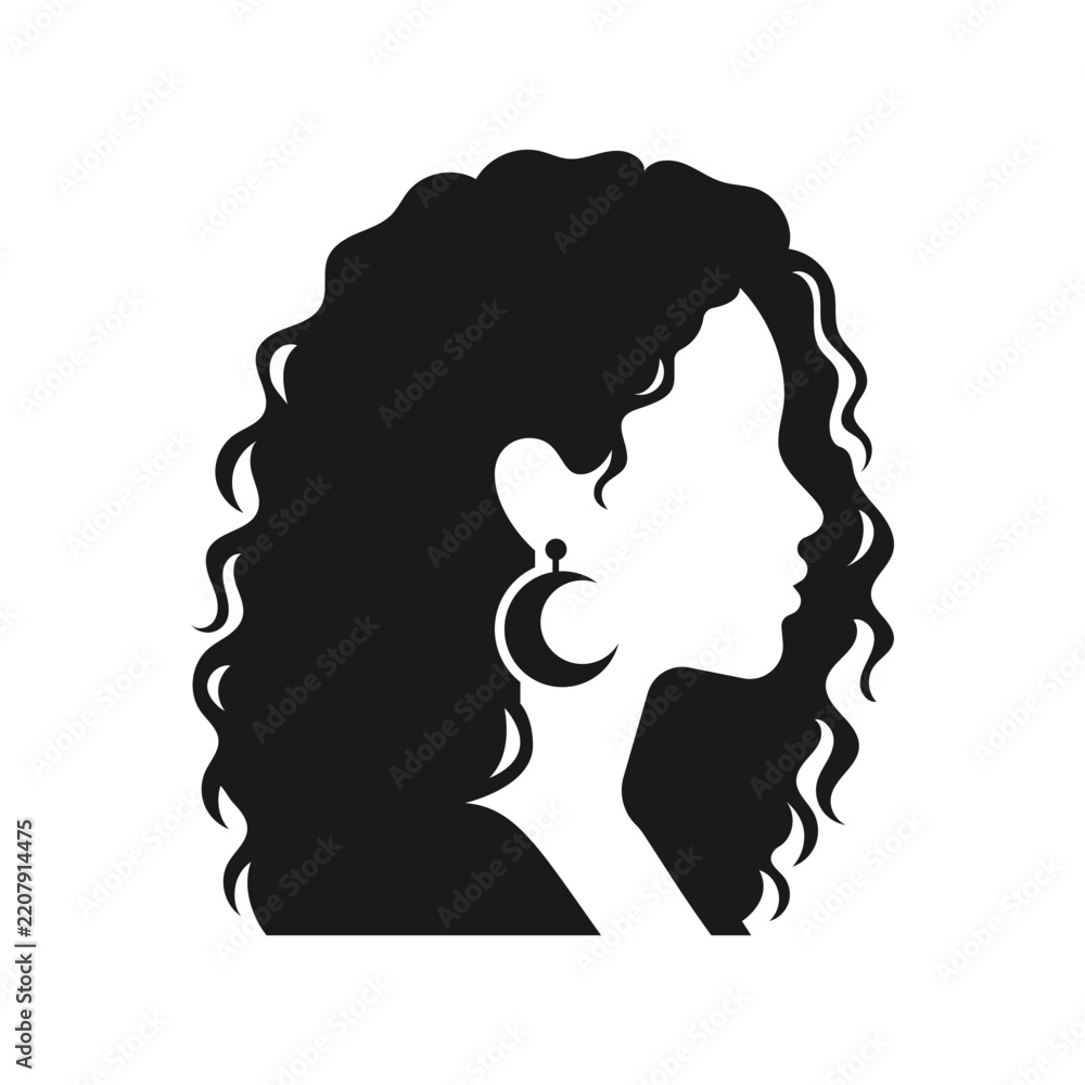 Fototapeta premium Silhouette profile of a woman with long curly hair and crescent moon earrings, ideal for beauty, fashion, salon logo, and modern feminine branding