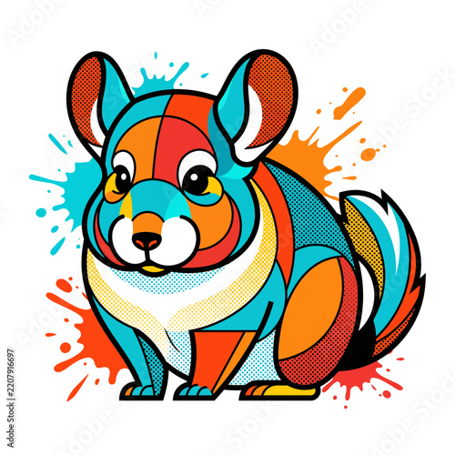 Colorful Geometric Chinchilla Illustration with Vibrant Pop Art Style and Splatter Elements