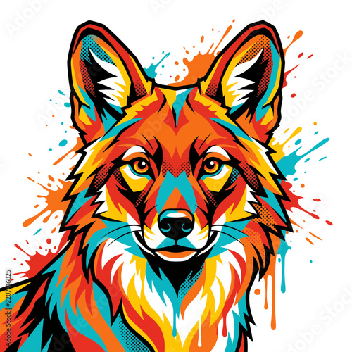 Vibrant Pop Art Wolf Illustration with Colorful Paint Splatter Effect and Stylized Graphic Design