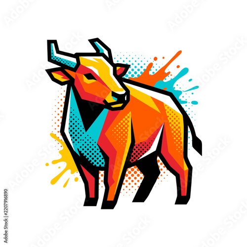 Colorful geometric bull mascot illustration with halftone pop art splashes