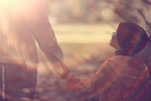 Parent and Child Holding Hands in Sunlit Autumn Forest