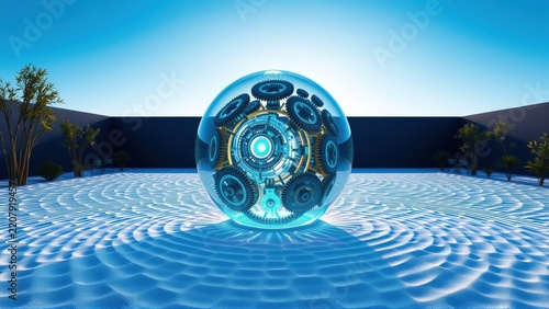 Glowing sphere contains intricate gears. Ripples emanate from base, set within minimalist landscape. Blue tones dominate scene.