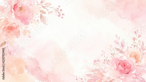 Soft pink watercolor floral background with roses, delicate foliage, and light center wash, ideal for invitations and romantic stationery