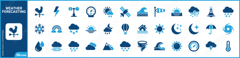 Obraz premium Weather and meteorology two-tone icon set. Filled glyph pictograms of forecast, climate, precipitation, and atmosphere elements, blue duotone illustration.