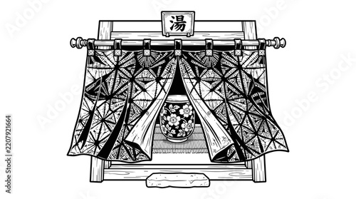Japanese Bathhouse Entrance with Noren Curtain and Flower Vase.