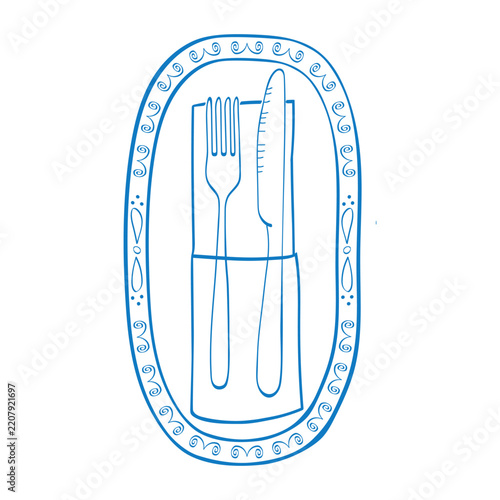 Hand drawn vector illustration of an oval plate with cutlery in a doodle style. Mediterranean Amalfi Coast style.
