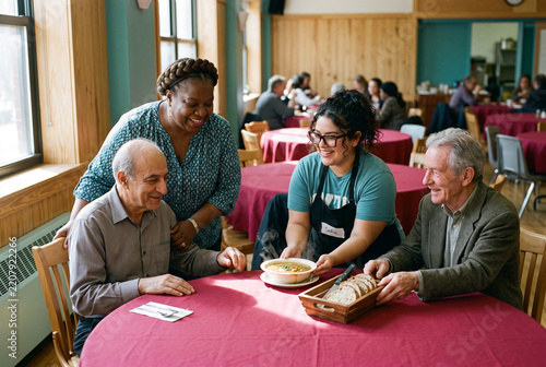 Shared meal at a community table with seniors and volunteers