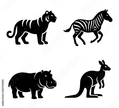 Set of four wild animal vector silhouettes featuring tiger, zebra, hippo, and kangaroo