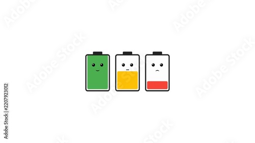 Flat Design Animated Battery Charge Level Indicators Showing Full Medium and Low Power Status