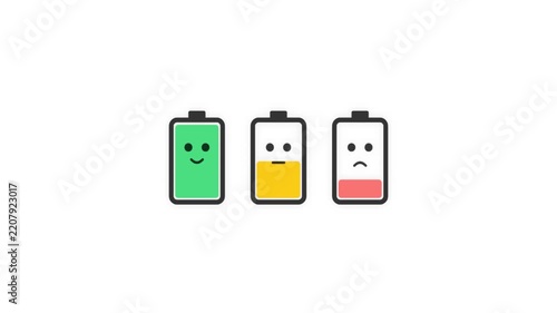 Animated battery level icons representing low, medium, and high charge states in a clean flat design style on a white background. Perfect for technology and mobile UI concepts.