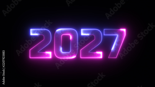 Glowing neon text of the year 2027 on black background with glowing numbers