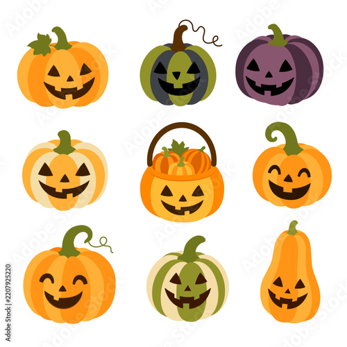 Cute vector Halloween jack o lantern pumpkins set, isolated on white background