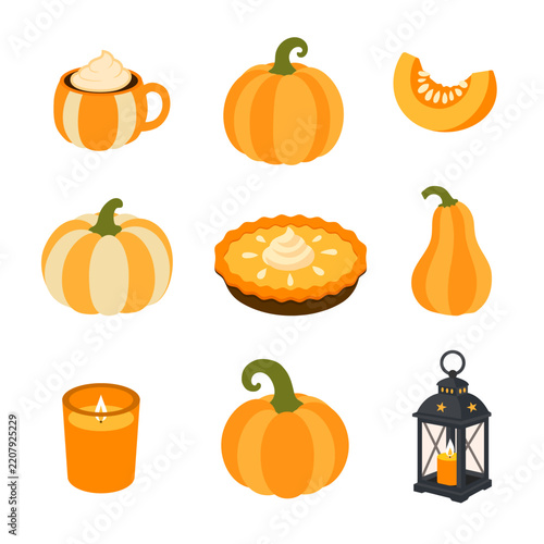 Vector autumn set with pumpkins, pie, candle, and lantern, isolated on white background