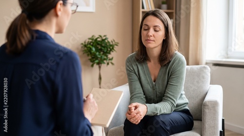 Psychologische Beratung. Traurige junge Patientin mit geschlossenen Augen teilt ihre Probleme in einer Therapie-Sitzung, während die Therapeutin Notizen macht.
