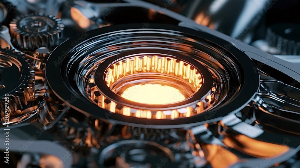 Fototapeta premium Industrial mechanism featuring intricate metallic gears and a vibrant orange glowing central core, illustrating concepts of power generation, engineering innovation, and advanced technology