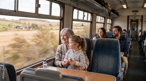 Smiling grandmother holding her cute little granddaughter while traveling by train across scenic rural landscapes during daytime with passengers sitting behind them nicely
