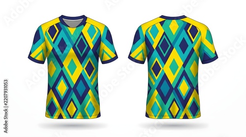 Vibrant Geometric Pattern Jersey Mockup Front and Back View for Branding Design and Sportswear Apparel Mockup