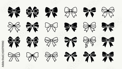 Variety of black gift ribbon bow icons and decorative knots isolated vector set