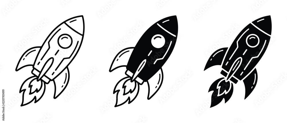 Obraz premium Rocket Ship Icons, Spacecraft Vector Graphics, Launch and Exploration Symbols