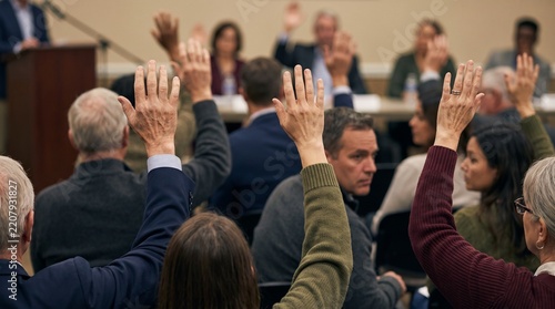 Community Members Raising Hands to Vote During Public Council Meeting and Local Government Civic Participation Discussion