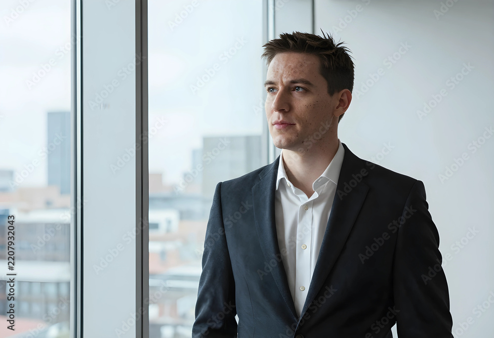 Fototapeta premium Career ambition and corporate leadership, young businessman looking out of office window with thoughtful expression for professional growth and strategy